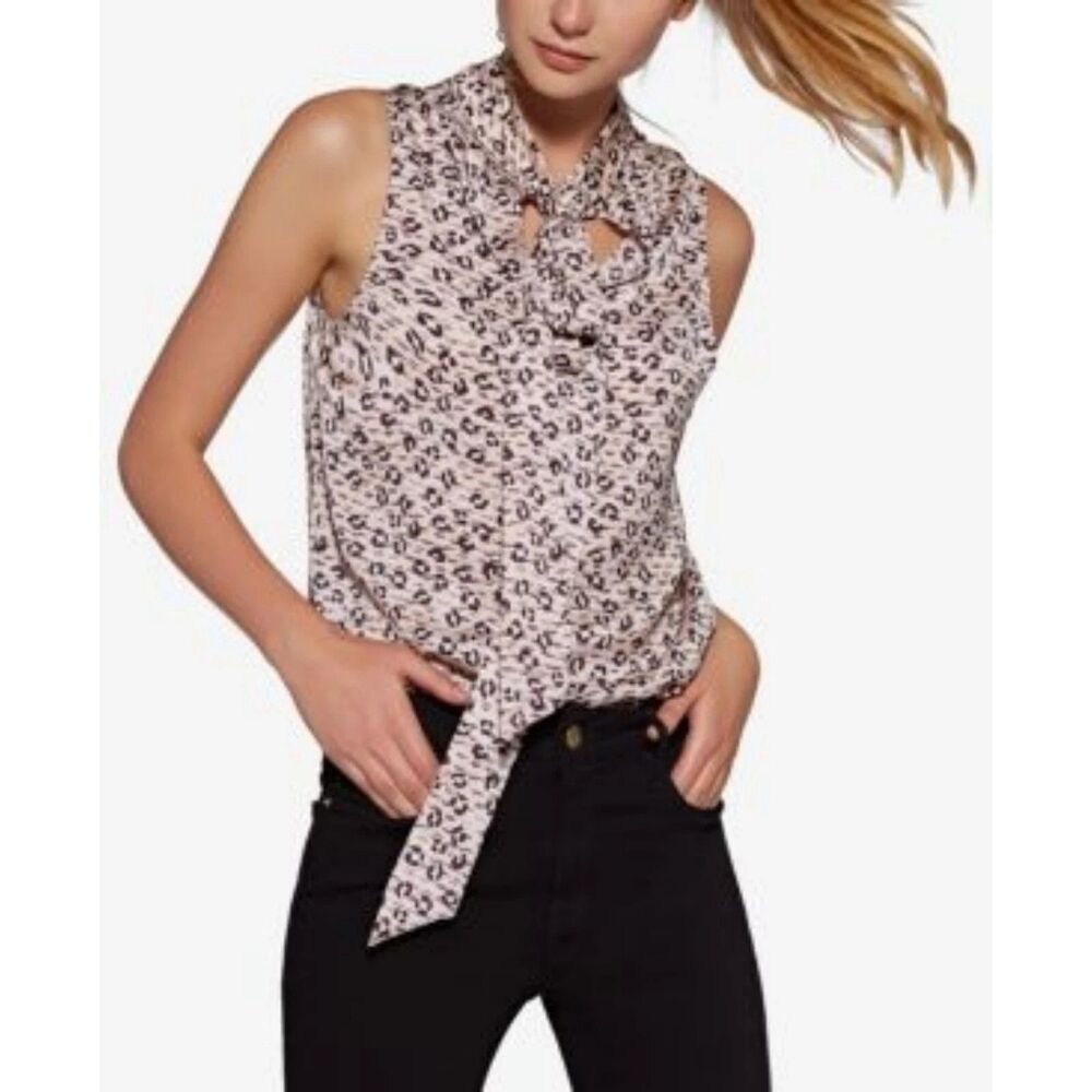 Avec Les Filles Pink Leopard Sleeveless Top L Back Keyhole Tie Preppy Chic
